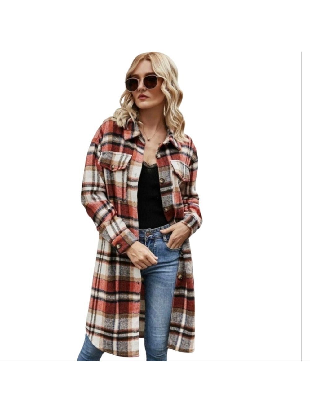 Shein Plaid Long Shacket Flannel Coat Jacket Fall Winter Casual Pre-Owned Size M